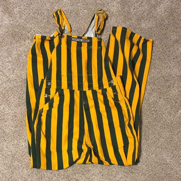 Game Bibs Pants - Striped Yellow & Dark Green Cotton Overalls